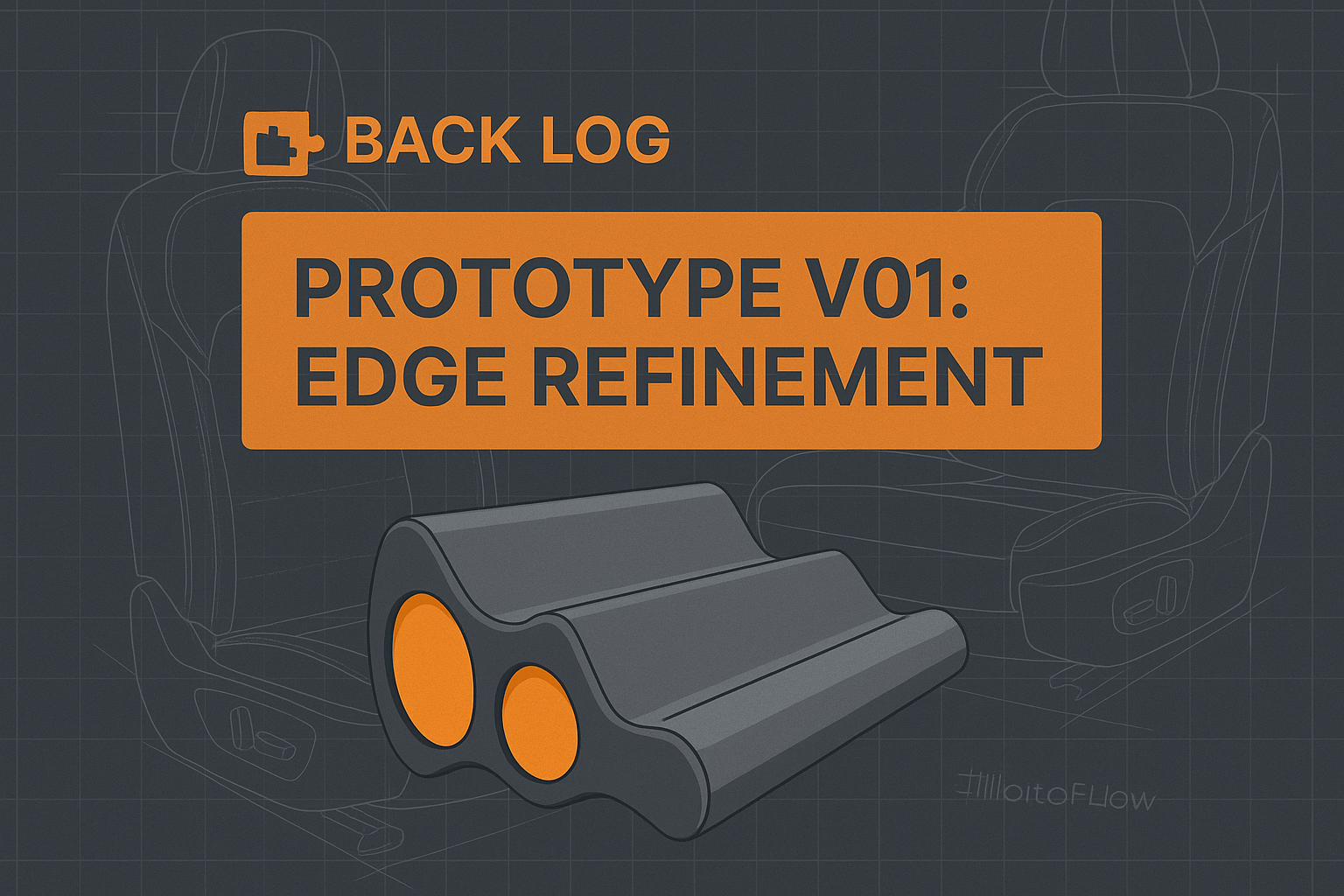 Technical blueprint-style graphic showing the PillowFlow Prototype V01 ergonomic cushion with highlighted orange edge details and the title 'Back Log — Prototype V01: Edge Refinement' displayed on an orange banner over dark grid-lined car seat schematics.