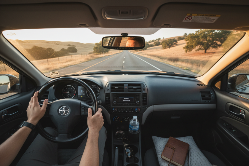 Man driving car trough American highway 